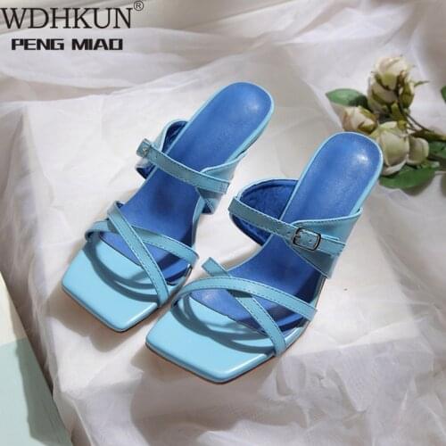 Blue Slippers Women Summer PU Leather Fashion Narrow Band Outdoor Women Mules High Heels Sandals Shoes 2021 Big Size 42