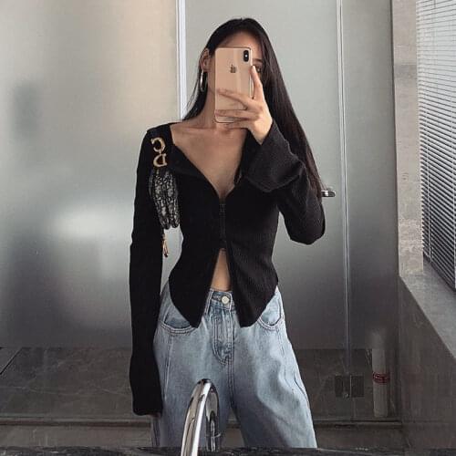 Womens Tube Top Cardigan Double Zipper Top Womens Sexy Nightclub Korean Mid-length T-shirt Harajuku Vintage Undefined