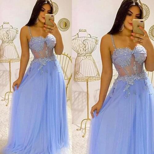 SuperKimJo Blue Prom Dresses Long Spaghetti Straps Beaded Lace Applique Sexy Formal Prom Gown Robes De Cocktail