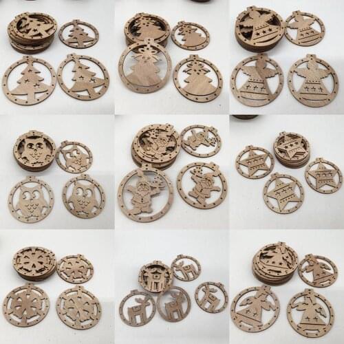 10Pcs Angel Deer Natural Wood Christmas Tree Ornament Pendant with 2M Rope Hanging Craft Gifts Xmas New Year Party Wedding Decor