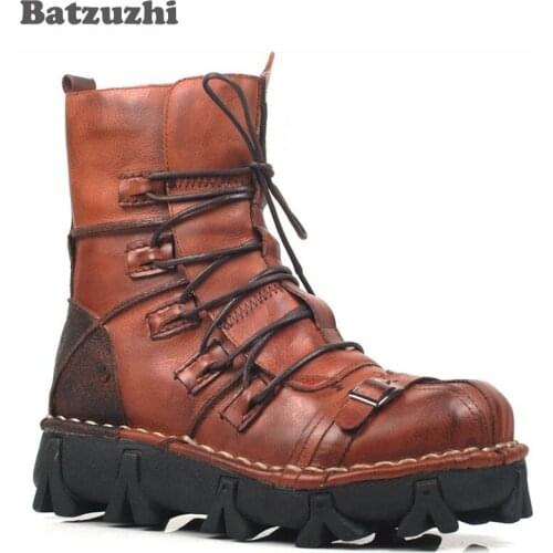 Batzuzhi Top Quality Mans Medium-leg Boots First Layer of Cowhide Genuine Leather Boots, Genuine Leather Desert Army Boots, 44