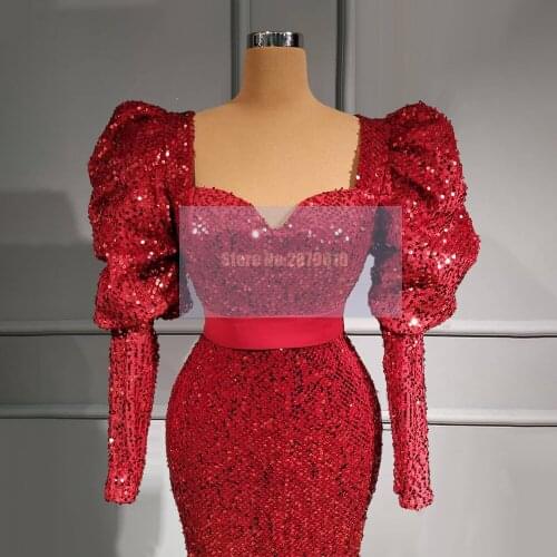Sparkly Red Mermaid Evening Dress Sequined Floor-Length Prom Dress Long Sleeves Pageant Dress Vestido de festa 2020 Dubai