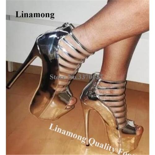 Linamong Sexy Peep Toe Silver Patent Leather High Platform Stiletto Heel Sandals Thin Straps Cross Zipper-up High Heel Sandals