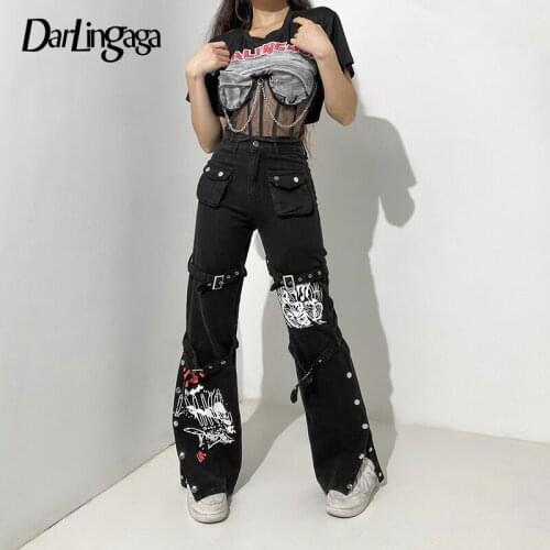 Darlingaga Retro Grunge Gothic Printed Cargo Pants Women Jeans Buckle Dark Academia Punk Style High Waist Jeans Denim Aesthetic