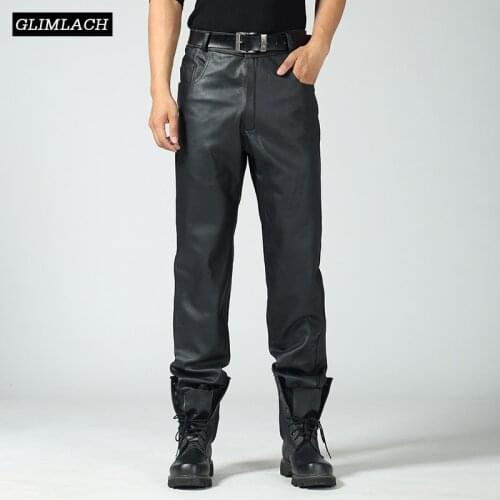 Mens Large Size Genuine Leather Pants Loose Motorcycle Cowhide Real Leather Trousers 2019 Thick Warm Riding Pants Man Clothing