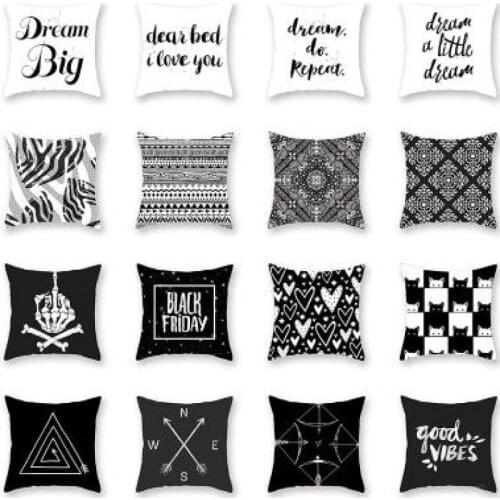 Black And White English Cushion Cover Geometric Pattern Modern Minimalist Skull Feather Elephant Pillow Case Cute Cat Dog