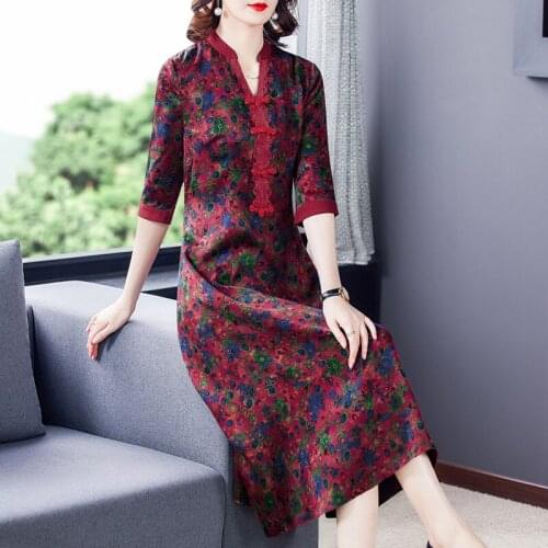 Chikichi New Summer Office Lady Floral Satin Cheongsam Dress Vintage Fashion Red V-neck Loose Long Dress for Women Plus Size