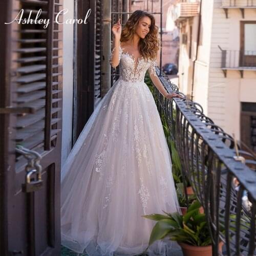 Ashley Carol A-Line Wedding Dress 2021 Illusion Long Sleeve Lace Appliques Sexy Sweetheart Princess Bride Gowns Vestido De Novia
