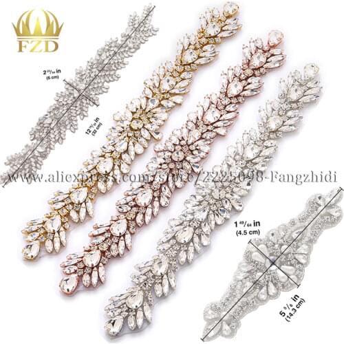 FZD 1 PCS NEW Handmade Wedding Beaded Crystal Rhinestone Applique Silver Rose Gold Iron on For Wedding Dress Trim Free Shipping