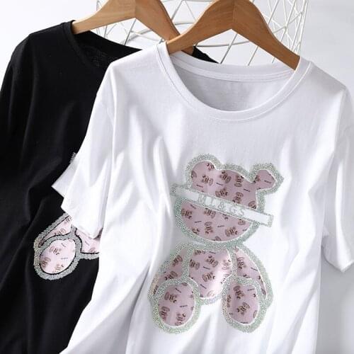 Hot Diamond Bear Breding T-shirt Womens Short-sleeved Wild Round Neck Top Ins Student Loose Bottoming Shirt Woman Tshirts