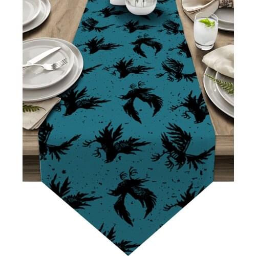 Halloween Table Runners Crow Silhouette Teal Modern Home Dining Room Decor Tablecloth Wedding Party Table Runners