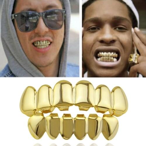 Hip Hop Gold Teeth Set Top Bottom Tooth Dental Grills Mouth Punk Vampire Fangs Teeth Caps Cosplay Party Rapper Jewelry