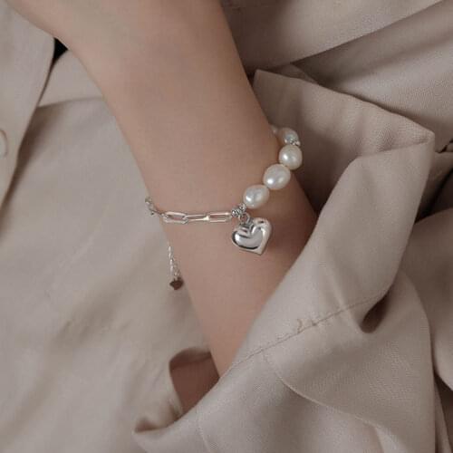 Classic Natural Baroque Pearls 925 Sterling Silver Bracelet Geometric Chain Heart Pendant Cuff Bracelet 2021 New Trendy Jewelry