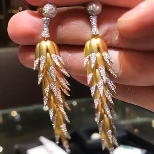 Missvikki Noble Trendy Fashion Long Feather Cubic Zirconia Pendant Earrings for Women Bridal Wedding Party Show Earring Jewelry