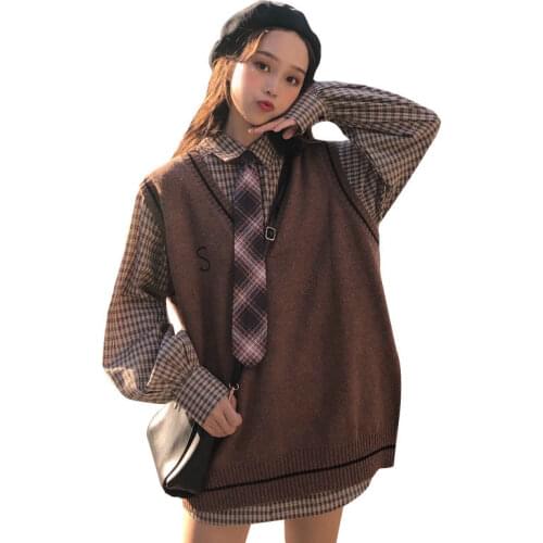 Fashion Knitted V Neck Sweater Pullover Vest Student Korean Version Loose Check Tie Shirt Letter Vest Top Sweater Two-piece Suit