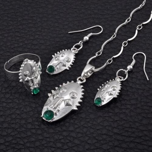 Anniyo Silver Color Mask Pendant Necklaces Earrings Ring With Green Stone Papua New Guinea Jewelry PNG Ethnic Gift #094706B