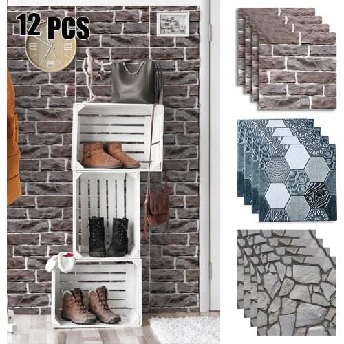 12pcs 3D Wall Tile Stickers Kitchen Bathroom Self-adhesive Decor Waterproof Anti-collision Simulation Bricks Stickers 30x30cm