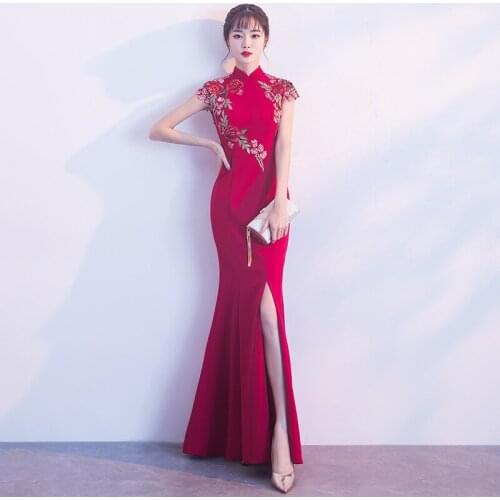 Sexy Standing collar Embroidery Improved cheongsam Front split Qipao Evening Dress Party Dress Vestidos