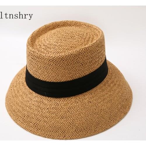 New Women Summer Big Floppy Hat Wheat Straw Hat with Black White Ribbon Lace Tie Wide Brim Sun Hat UV Protection Beach Cap