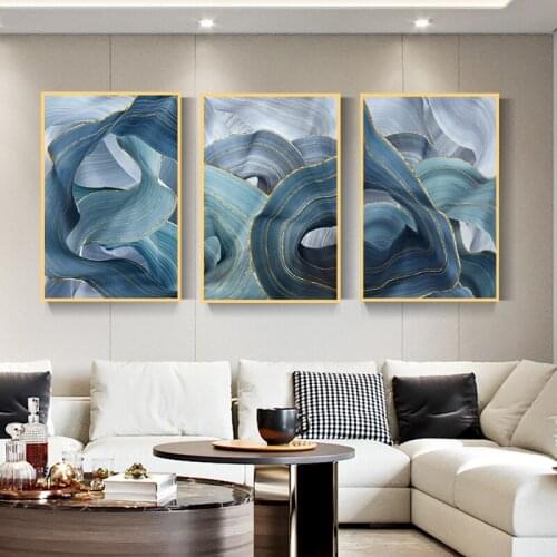 Blue Green Gold Lines Wavy Painting Prints on Canvas Wall Art Posters Scandinavian Nordic Pictures for Living Room Home Decor