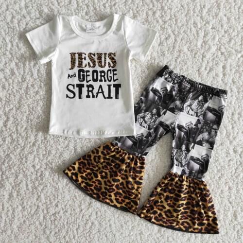 Spring outfits leopard bell bottoms singer print white short tshirt top letter design jesus summer holiday children clothing set