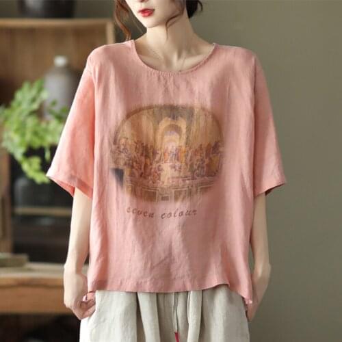 Dress summer retro print top women loose round collar casual short-sleeved sleeved T-shirt oversized t shirt Broadcloth