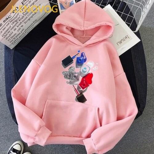 Vogue Lipstick Nail Polish print pink hoodies women kpop autumn winter sweatshirt femme casual long-sleeved sudadera mujer coat