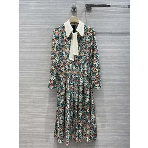 Brand 100% Silk Luxury Dress Women 2021 Summer New Lace Up Collar Big Hem Loose A-line Elegant Floral Print Pleated Long Dresses