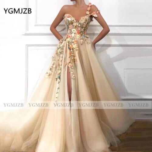 Elegant Beading 3D Flowers Prom Dress 2020 A-Line One Shoulder High Slit Evening Gowns Women Formal Prom Gown Party Dress