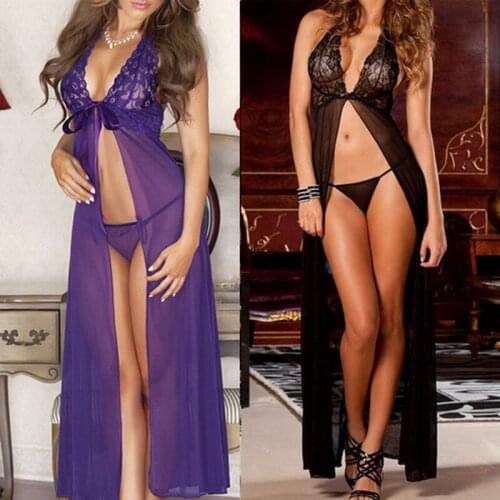 Womens Sexy Lingerie V-Neck Dress See-Through Lace Backless Erotic Costume Sleepwear G-string Sexy Womens Underwear Nightdress