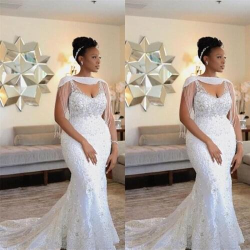 New African Wedding Dresses Bridals Gowns Mermaid Wedding Dresses Vintage V Neck Spaghetti Straps Lace Crystal Beads With Wrap