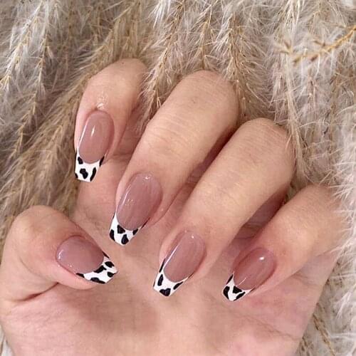 24pcs/box Artificial Nails With Glue Anti French Small Milk Pattern Purple Grey False Nails Press On Nail Coffin Fake Nail Patch