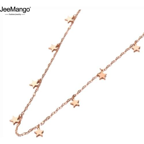 JeeMango Goth Stainless Steel Rose Gold 8Pcs Star Charm Choker Necklaces Office Style Pendant Chain Necklace For Women JN20124