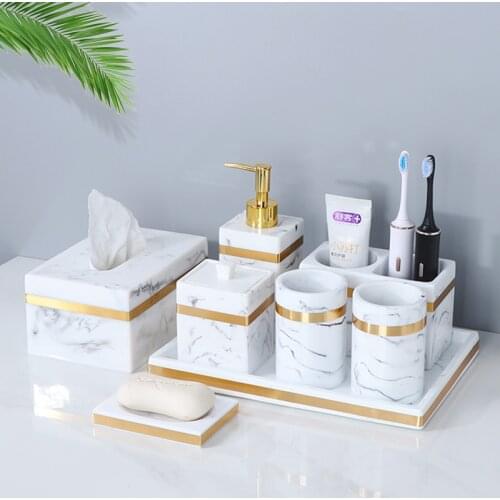 Resin Bathroom Set Liquid Soap Dispenser/Dish Toothbrush Holder Gargle Cup Tray Cotton Swab/Tissue Box Sell Separately Nordic