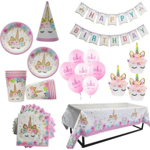Unicorn Birthday Party supplies Disposable Tableware Kit Unicorn Balloon Cup Plate Napkin Kids Birthday 1st baby shower decors