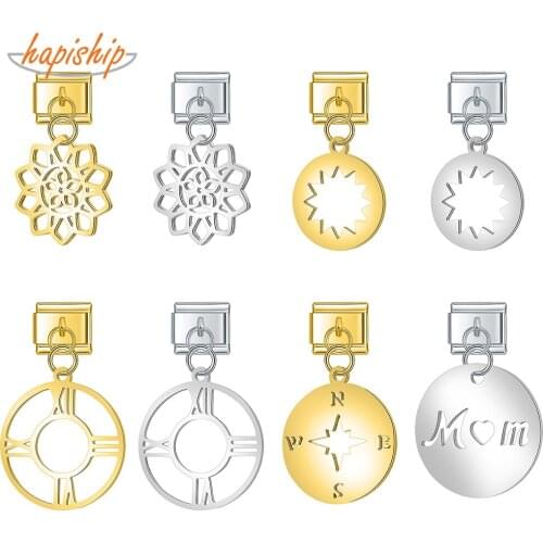 Hapiship Original Daisy Mom Flower Star Compass Roman Numerals Charm Link Fit 9mm Bracelet Stainless Steel Jewelry Making DJ362