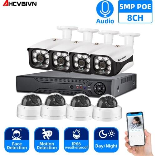H.265 8CH POE NVR Kit CCTV Security System Audio Sound 5MP IR IP66 Waterproof Outdoor IP Camera Plug&paly Video Surveillance Set