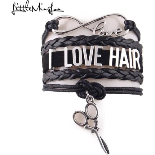 Little Minglou Infinity Love i love hair bracelet scissors Charm leather wrap men bracelets & bangles for women jewelry