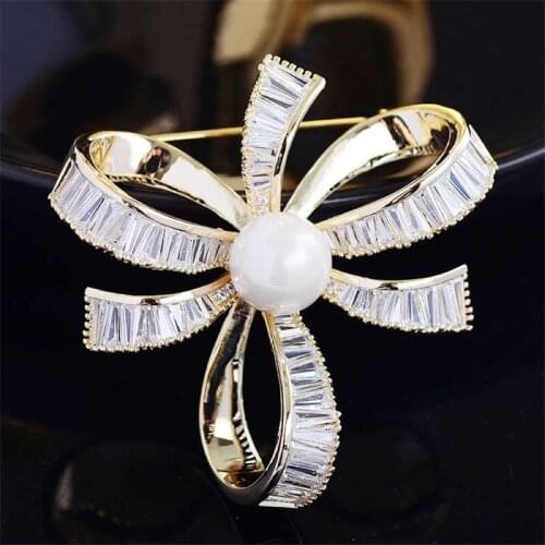 Fashion Bow-knot Brooches for Women Luxury Zircon Wedding Festival Jewelry Gold Silver Color Bowknot Brooch Pin Christmas Gift