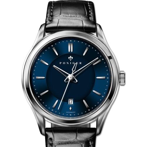 PONIGER Men Business 50M Waterproof Fashion Dress Automatic Self-wind Mechanical Wrist Watches With Calendar Leather Band