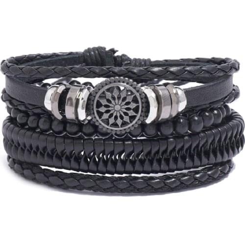 4pcs/Sets Mens Bracelet Mutli-Layer Braided Lather Rudder Cross Bracelets Wristband for Men Party Fashion Jewelry