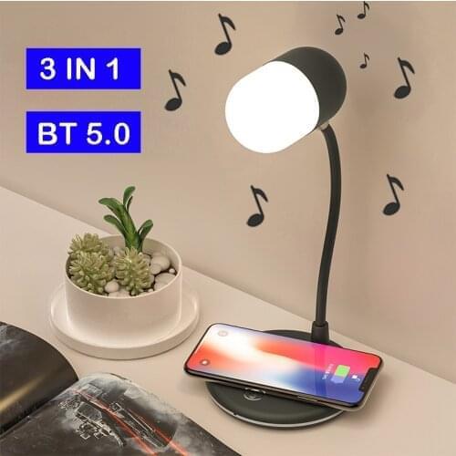 3 IN 1 Desk Lamp with Wireless Charger 5W Bluetooth Speaker USB Dimmable for Bedroom Beside Study Night Light