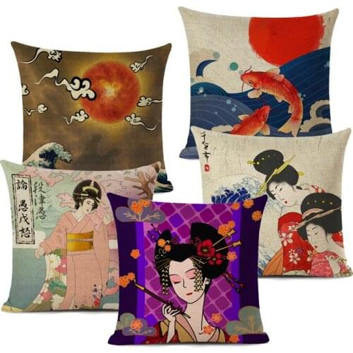 Japanese Ukiyo Style Decor Linen Cushion Cover Retro Japanese Ladies Fuji Mountain Ocean Waves Square Printed Throw Pillow Cover