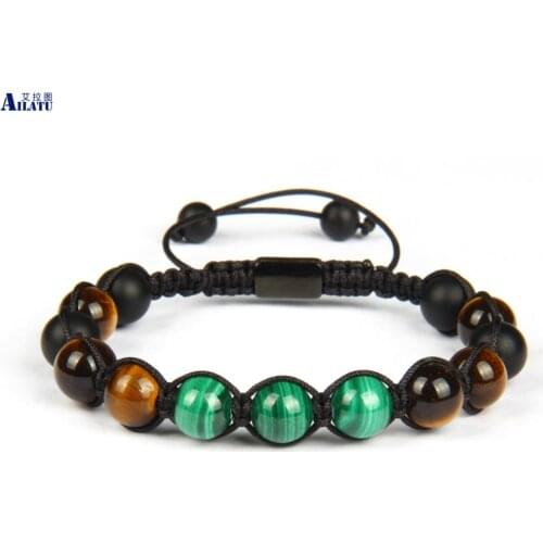 New Luxurious 8mm Natural Malachite with Tiger Eye Stone Bracelet Healing Energy Gems Braiding Macrame Jewelry Men Logo Bangle