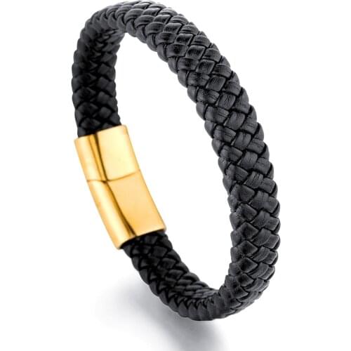 Charming Mens Hand Woven Leather Bracelet Black Mens Wristband Gift Steel Magnetic Buckle Bracelet Fashion Jewelry