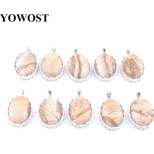 Wholesale 10Pcs Natural Stone Pendants Picture Jaspers Oval Shape Bead Reiki Healing Charms Jewelry For Necklace QN3323