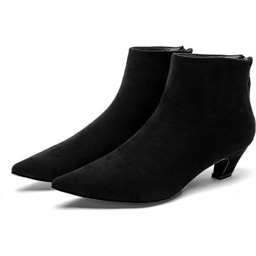 Autumn Winter Womens Ankle Boots Comfortable Leather Material Cat Heel Pointed Toe Back Zipper Fashion Women Shoes