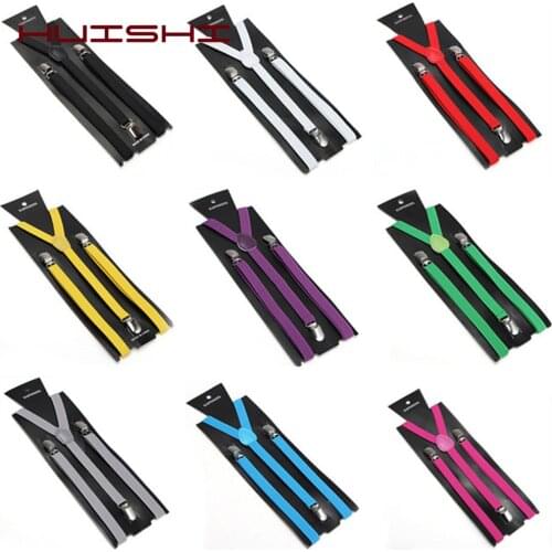 HUISHI Adult Men Polyester Suspenders Elastic Leather Solid Colorful Blue Black Red Suspenders Fashion With Free Bow Tie Suit