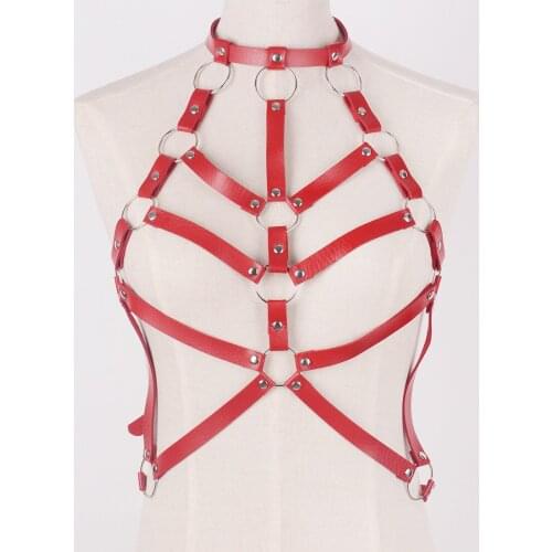 Handmade Red Black Punk Leather Harness With Collar Bikini Bra-out Goth Punk Rock Bondage Chest Belt Tanks BDSM Game Accessories