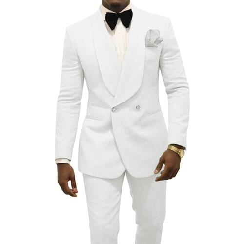 SOLOVEDRESS Mens Suit White Double Breasted Slim Jacquard Prom Dress Party Travel Blazer + Pants